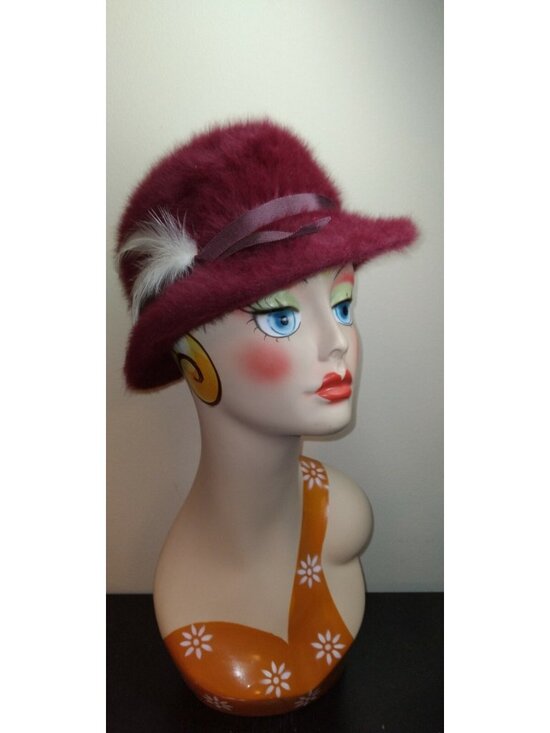 Accessories - Vintage Antique Millinery Maroon / Wine Rabbit Fur Fedora Cap Hat MEDIUM USED